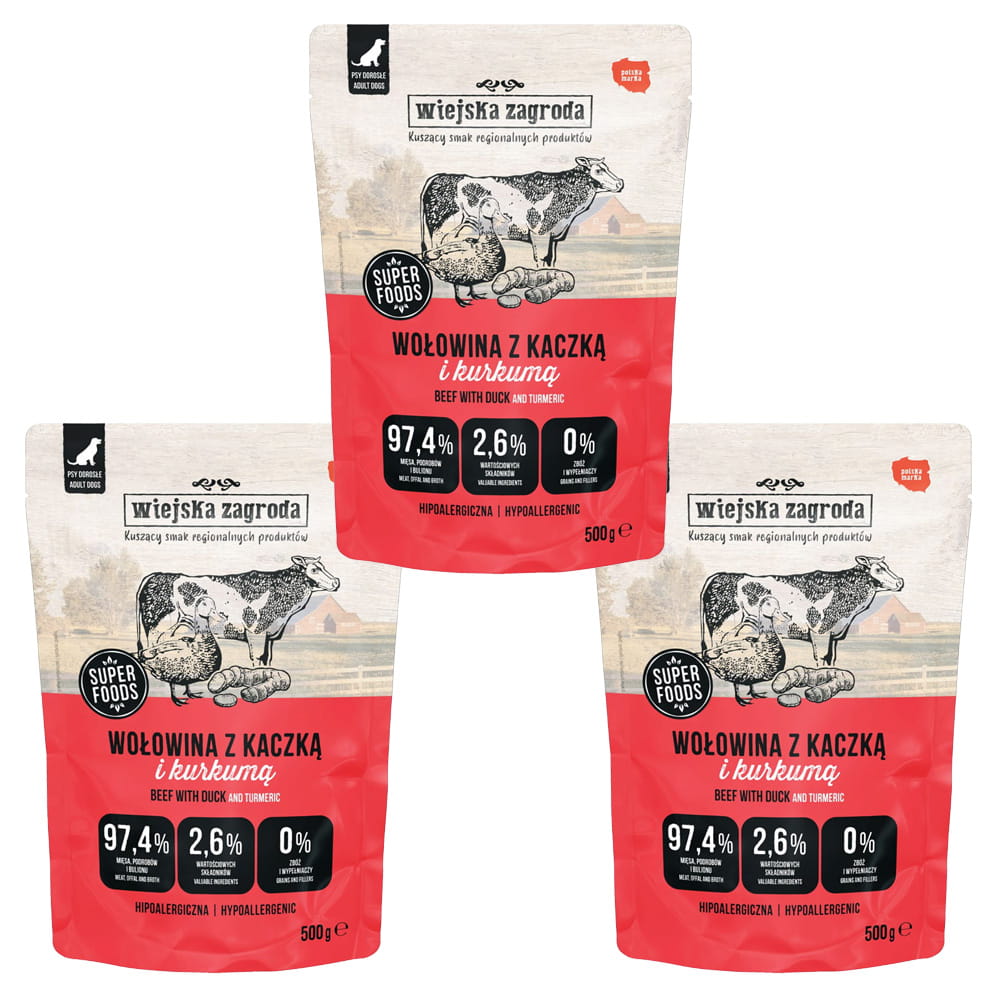Wiejska Zagroda Karma mokra dla psa Wołowina z kaczką (dorosły) 3x500g